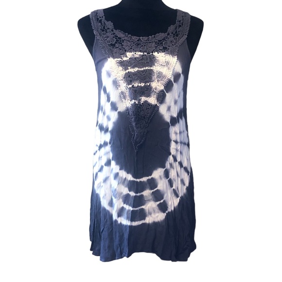 Kori America Navy Blue Tie Dyed Laced Neckline Tank size Small - Picture 3 of 8
